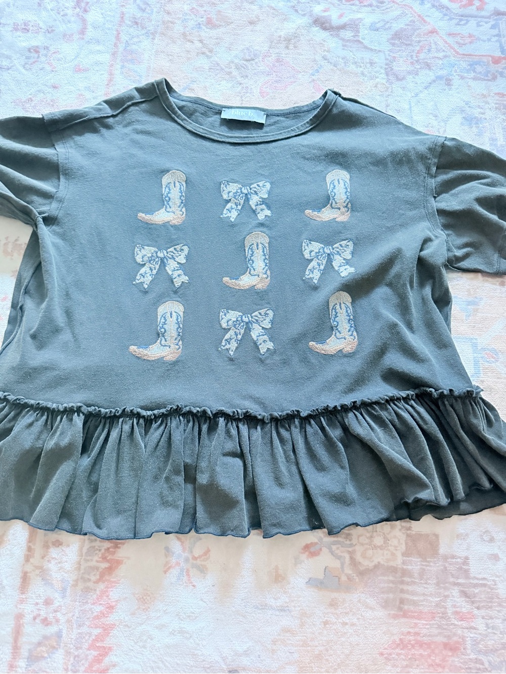 Ruffle-Hem Tee with Cowboy Boot & Bow Motif - Slate Blue